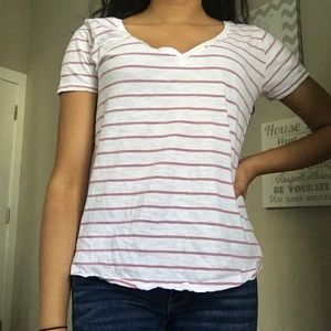 White and Pink Striped V Neck
